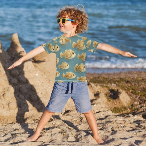 Boys Short Sleeve T-Shirts Real Puffer Fish Rashguard Kids Swim Shirts Sun UPF 50+4