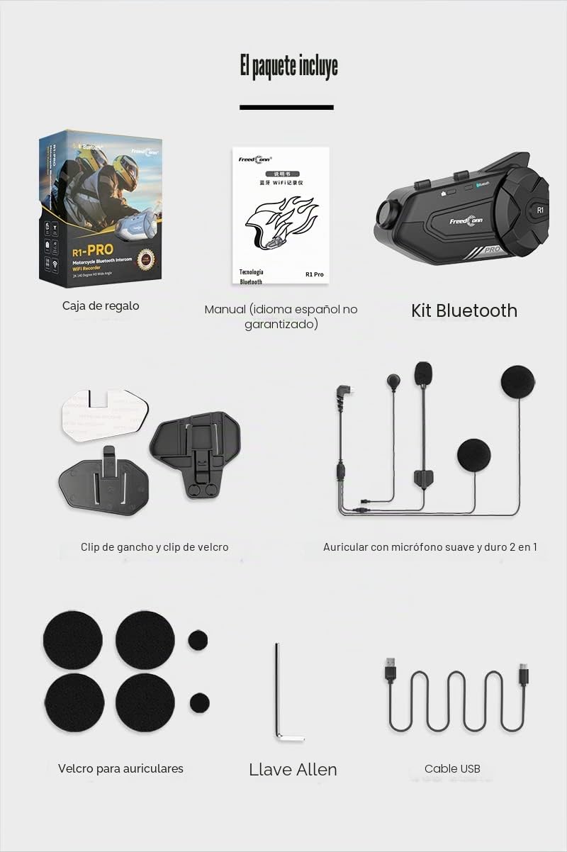 R1 Pro Auriculares bluetooth para casco de moto con cámara,6 vías 1000M intercomunicador, sistema de comunicación de la motocicleta, vídeo 2K/Siri/Música compartida/compatible con otras marcas(1Pack)