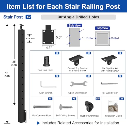 Image of BLIKA 2 Pack 36 inch Side Mount Stair Cable Railing Post for 25-35 Degrees Stair, Stainless Steel, Right Side Fascia Mount Stair Railing Post for Cable Railing Kit, Black Powder Coated Side Mount Post