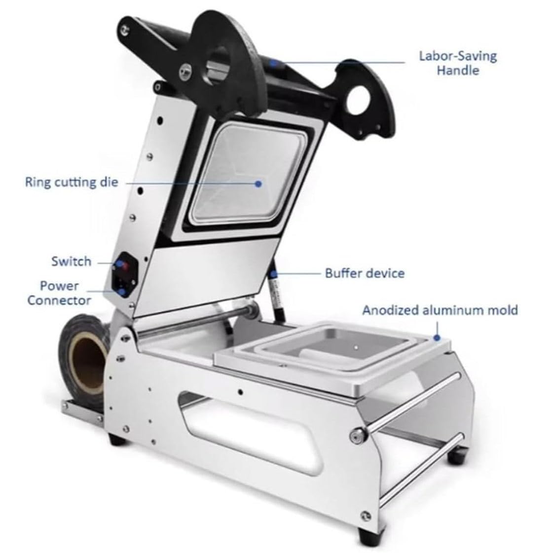 Selladora de cajas de alimentos cuadradas, máquina selladora de alimentos de escritorio, máquina envasadora de cajas para llevar con prensa manual de 600 W, 7-8 veces por minuto