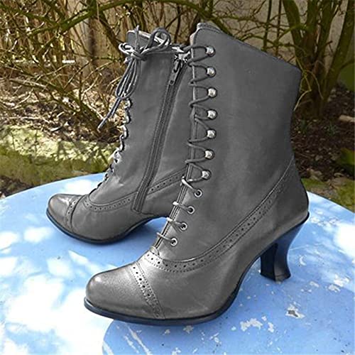 Winter Buckle Women Gothic Boots 50S Vintage Mid Calf Boots Mid Heels Lace Up Studded Witch Boot Cowgirl Boots Gray Square Toe Sandals Women #TOP1