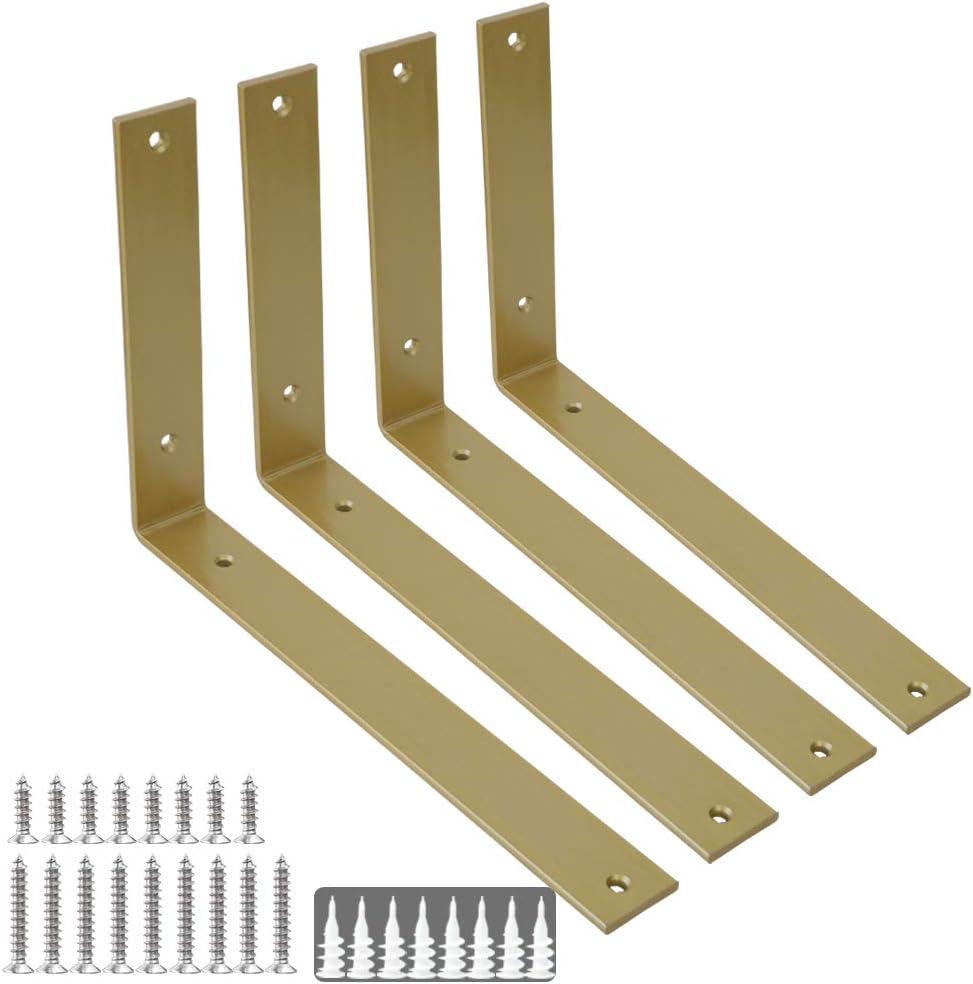 Shelf Brackets 12 Inch Wall L Brackets 4PCS Heavy Duty for Shelves Metal Gold Rustic Industrial Brackets for DIY Opening Shelves Project Hardware Included