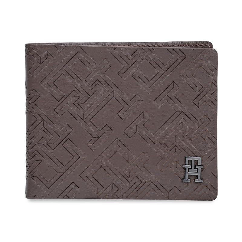 Tommy Hilfiger Men’s Leather Wallet Tavros | Brown Laser-Detailed Slimfold Bi-Fold with 8 Card Slots, Coin Pocket | Stylish Purse for Gents