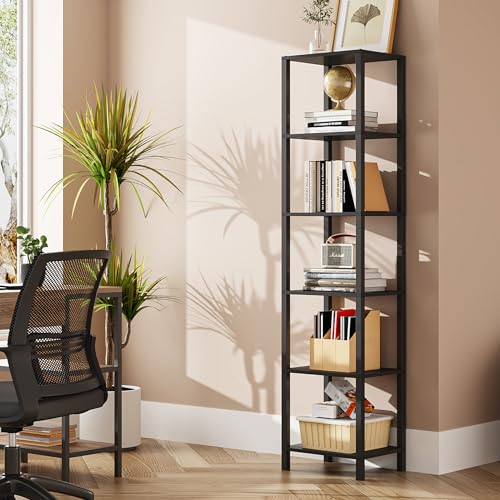 TUTOTAK Bookshelf, 6-Tier Tall Book Shelf, Narrow Bookcase for Small Space, DIY Stackable Bookshelf, for Living Room, Office, Study, Entryway, Industrial, Black BS01BK006