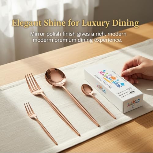 Image of Classic Rose Gold 24 Pcs Stainless Steel Cutlery Set for Dining Table, Dishwasher Safe Glossy Flatware (Perfect Spoon Fork Set)