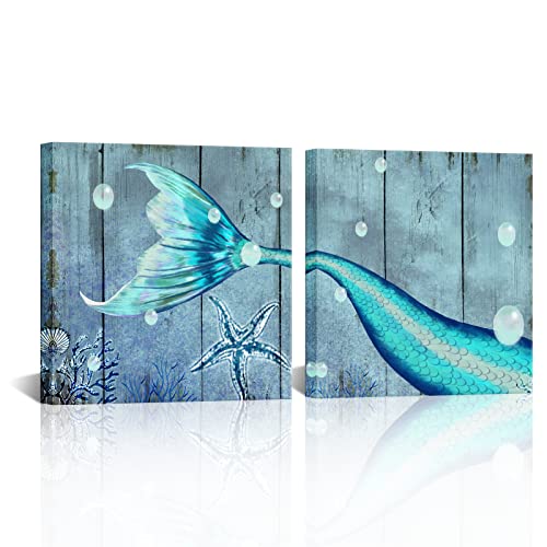 Simiwow Mermaid Wall Art Bathroom Decor Mermaid Decor Pictures Canvas Prints Teal Blue Ocean Wall Art Girl Room Decor Framed Ready To Hang (12"X12"X2 Pieces) #TOP11