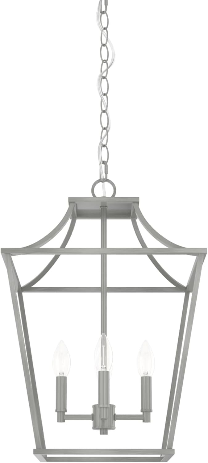 Hunter - Laurel Ridge 4-light Brushed Nickel, Medium Size Pendant Light, Dimmable, Formal Style, Lantern Shaped, for Bedrooms, Kitchens, Dining, Living Rooms - 19070