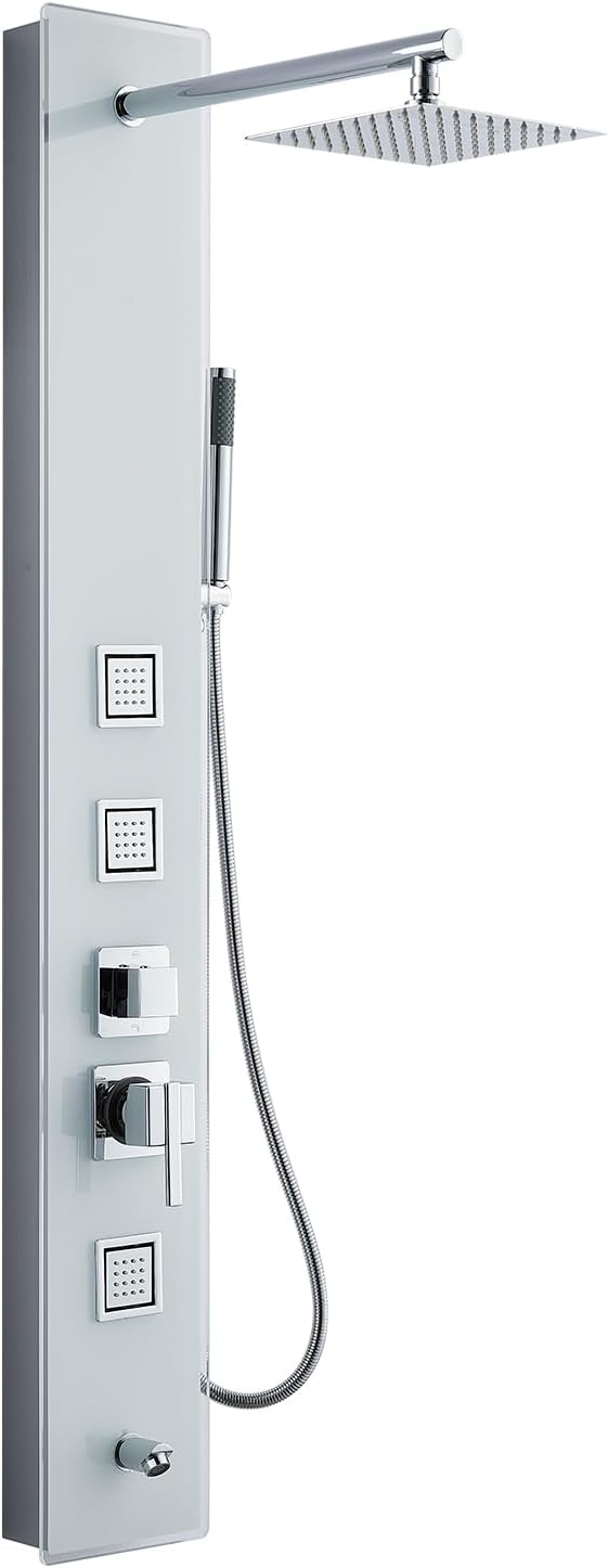 Shower Tower Panel 130cm, Shower Panel Column Tower System with 20 x 20 cm Rainfall, Adjustable Massage Jet, Bathtub Tap, Handspray, White Tempered Glass and 304 Stainless Steel