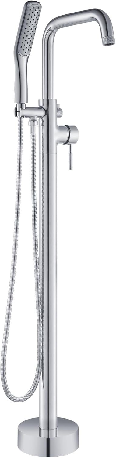 WOODBRIDGE F0073BGRD Contemporary Single Handle Floor Mount Freestanding Tub Filler Faucet with Cylinder Style Hand Shower in Brushed Gold Finish