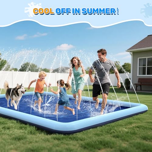 Image of 120 x 87 in Extra Large Rectangle Splash Pad for Dogs & Kids, Non-Slip Sprinkler Pool, Shallow Water Play Mat for Toddlers, Pets & Family, Teal