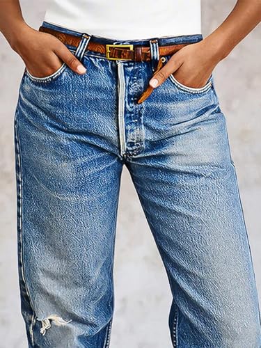 Flamingals Straight Leg Stretchy Jeans for Women Mid Rise Roll Hem Ripped Boyfriend Cuffed Jeans Without Belt2