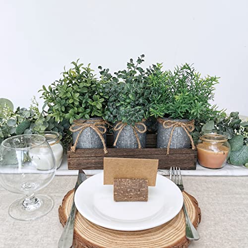 Set Of 3 Mini Potted Plants Arrangement Faux Boxwood Eucalyptus Rosemary Plants In Rustic Galvanized Metal Pots With Rectangle Wood Box For Farmhouse Table Centerpiece Mantel Kitchen Greenery Decor #TOP2