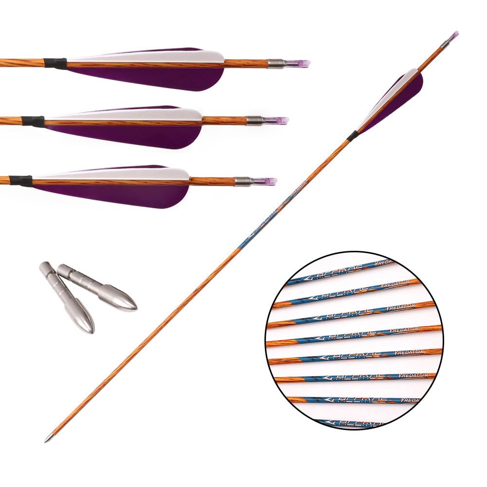 12 Pezzi Viola Bianco Piuma Frecce da Caccia Spine 500 600 700 800 900 1000 Simile al Legno Freccia con Albero in Carbonio ID 4,2 mm per Caccia Pratica Tiro con L'Arco