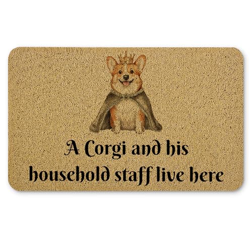 Rectangular doormat printed with a corgi illustration and a welcome-style message