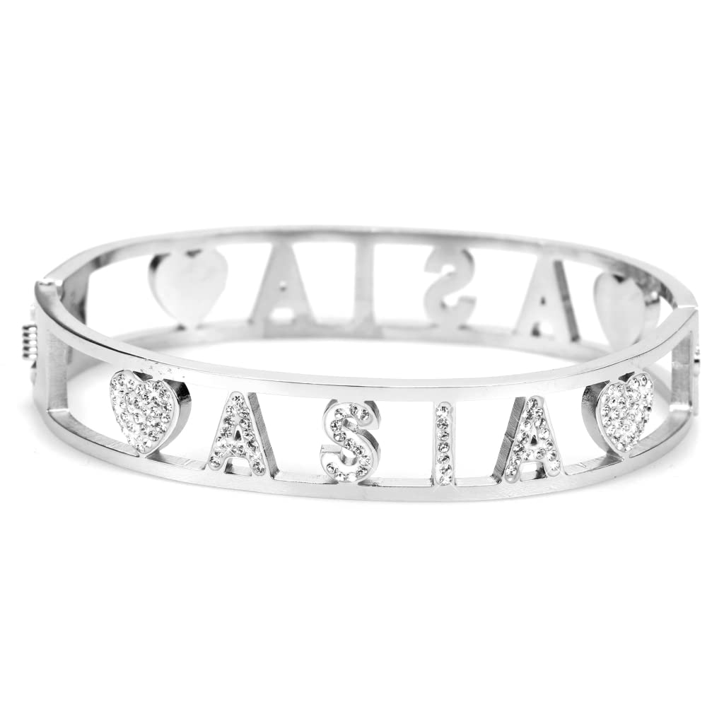 Flowers Bracciale Rigido Acciaio con Nome Vari e Zirconcini Sacchettino in Tessuto Scritta Nome ricoperta di Strass Brillantissimi Bracciale a Manetta Donna Chiusura a Molla Idea Regalo