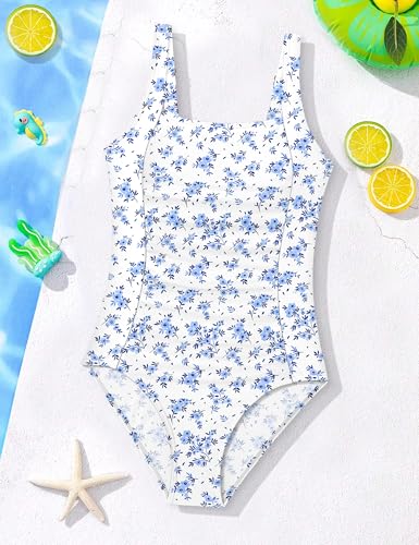 Image of Girl Swimsuit One Piece Bathing Suit for Girls Solid Color Ruched Adjustable Straps Padded Swimwear 9-18y