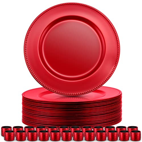 24 Pieces 13 Inch Round Charger Plate With Matching Napkin Rings Plastic Charger Plates Decoration Charger Plates With Decorative Beaded Rim For Dinner Wedding Party Event Decoration (Red) #TOP6