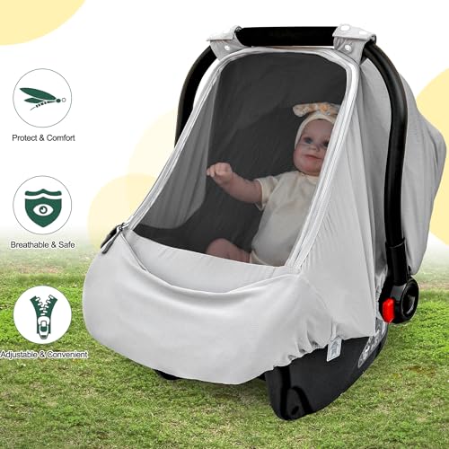 Image of Baby Car Seat Cover,Sunproof Car Seat Canopy for Babies, Extra Large Mesh Window Baby Car Seat Sun Shade Cover,Infant Carseat Covers for Summer /Autumn Use(Gray)