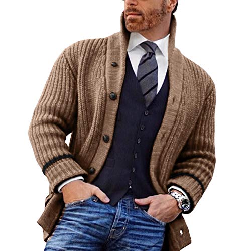 Runcati Mens Shawl Collar Cardigan Sweaters Button Up Open Front Knitwear Cable Knitted Ribbed Thermal Striped Outwear Khaki