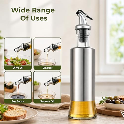 Image of HomeEssentials Glass Oil Dispenser Bottle with Measurement Markings | Auto Flip Lid Cruet with Non-Slip Handle | Leakproof & Drip-Free Oil and Vinegar Pourer for Kitchen Cooking (300, Milliliters)