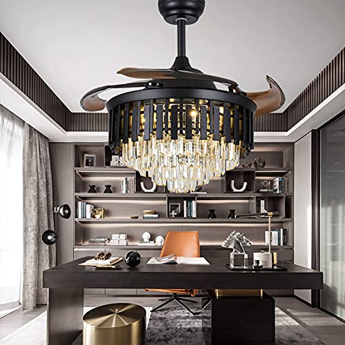 Up To 40% OFF KPIBEST 42 Inch Retractable Ceiling Fan with Remote Control 3 Lights Level Black, Modern Luxury Crystal Chandelier Fans Fandelier Dining Lamp for Living Room Bedroom