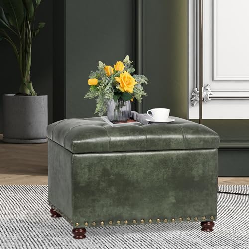 Image of Joveco Storage Ottoman Rectangular Tufted Upholstered Ottomans with Rivet, Footrest Footstool Seat with Wood Legs for Living Room Bedroom (Black Green)