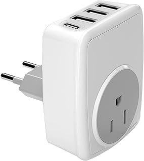 European Travel Adapter with 3XUSB Charging Ports,1 AC Charging Port and 1XUSB-C Charging Port,5 in 1 Power Adapter for Canada USA to Most of Europe Germany France Italy Spain Polish Netherlands Etc