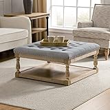HULALA Home Large Square Ottoman Coffee Table with Storage, Button Tufted Cocktail Ottoman with Shelf & Solid Wood Legs, Upholstered Farmhouse Footrest for Living Room, Grey