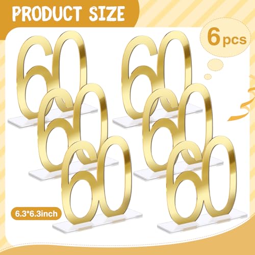 Image of Threehoney 6 Pcs Mirror Gold 60th Birthday Decorations for Men and Women Acrylic Anniversary Decorations Table Numbers Centerpieces for Birthday Party