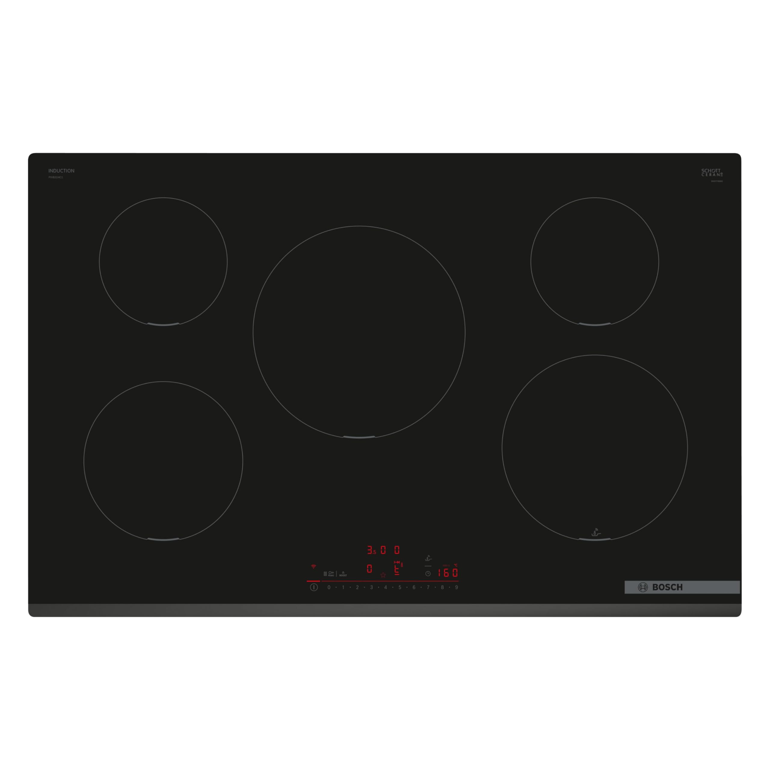 Bosch PIV831HC1E Serie 6, Smartes Induktionskochfeld 80 cm, Rahmenlos aufliegend, Dunstabzugshauben-Steuerung, Bratsensor Assist, Favoriten-Taste, Einfache Bedienung, Power Boost, Quick Start, Schwarz