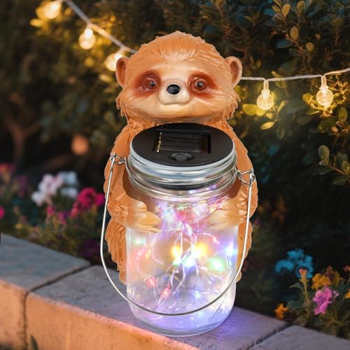 Loungelore Solar Sloth Garden Statue Holding Mason Jar Fairy Light