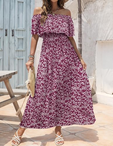 Image of Bluetime Womens Maxi Dress Off Shoulder Floral Print Boho Beach Long Summer Dresses
