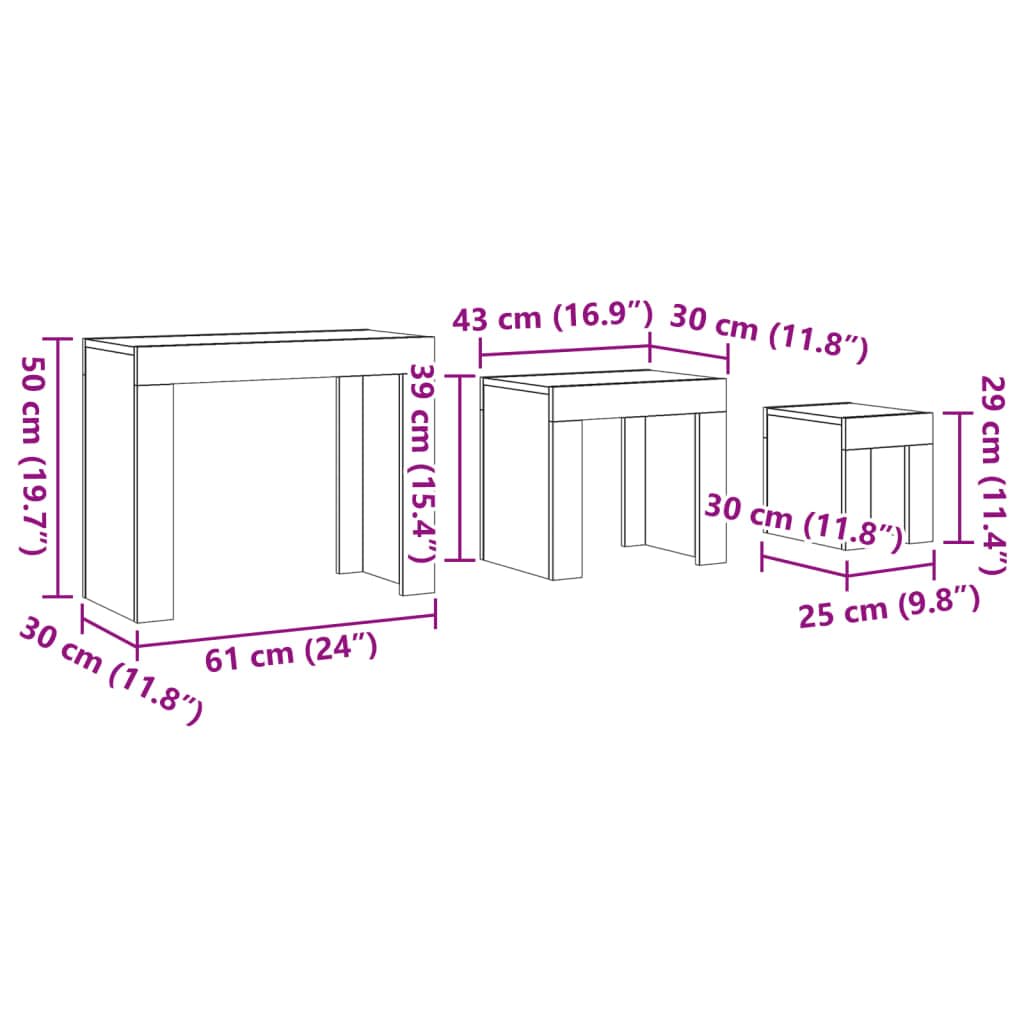 vidaXL Mesas de Centro apilables 3 uds Madera de ingeniería Envejecida, Mesa apilable, Mesa Auxiliar apilable, Juego de mesas apilables, Mesa anidada