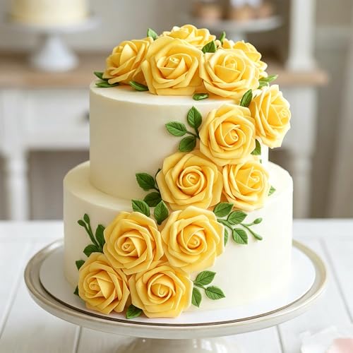 Image of 100Pcs Realistic Yellow Artificial Rose Flower Heads, Fake Yellow Foam Roses for DIY Wedding Decorations Baby Shower Centerpieces Home Party Valentine's Day Mother's Day Decor