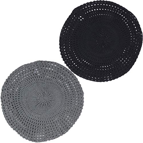 An Womens Crochet Flower Beanie Hats Lightweight Cutout Knit Beret Fashion Cap (One Size, 2Pk-Charcoal) #TOP2