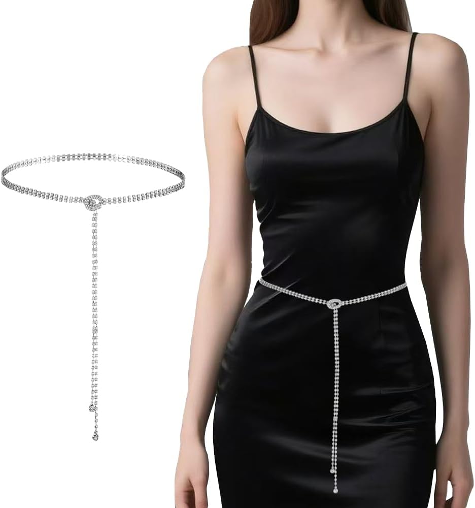 2 pieces of Rhinestone Belts for Women Crystal Chain Belt for Dress Sparkle Thin Belts