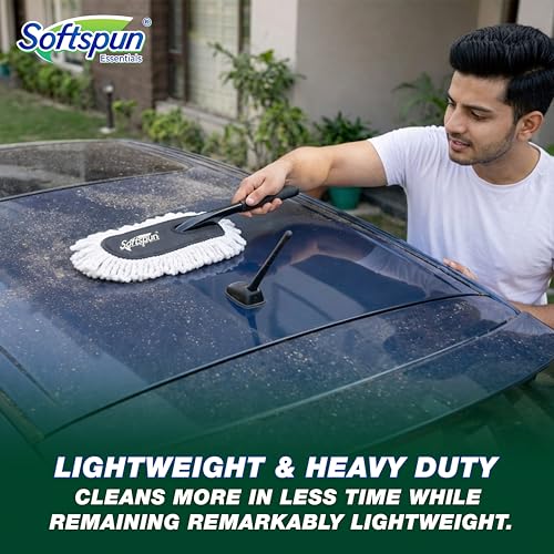 Image of SOFTSPUN Essentials Car Duster - White, Long-Handle Lint-Free & Scratch-Free Car Cleaner Brush with SiO2 Wax Infused Cotton Strands for Enhanced Dust Removal (Exterior Car Cleaning Tool)