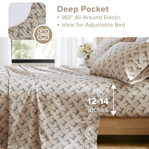 Comfort Spaces 100% Cotton Sheets Twin, Breathable, Naturally Cool Cotton Sheets, Soft Cotton Bed Sheets with 12" Elastic Pocket Fits up to 14" Mattress, All Seasons Sheet Set, Bow Black/Taupe 3 Piece