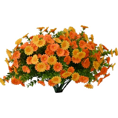 Artificial Fake Flowers Plants for Outdoor Decoration, Faux Flower Yellow Orange Daisy with Eucalyptus Leaves for Planter Front Door Porch Patio Balcony Decoration, 10 Bundles