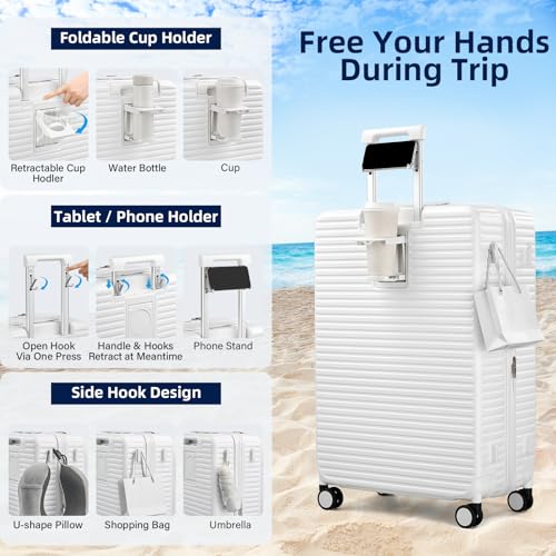 Hard Shell Expandable Luggage Sets 2 Piece with Spinner Wheels Cup Holder, Top Opening Lightweight Luggage Rolling Suitcase with Lock, Carry On And Checked Luggage Set 2 Piece (White, 20/28)3