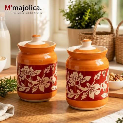 Image of Orange Mushroom Ceramic Handglazed Pickle Jars Set of 2-1000 ML Each | 1 kg Achaar Martban Barni Jar with Lid | Ceramic Storage Jar Container Pickle, Chatney