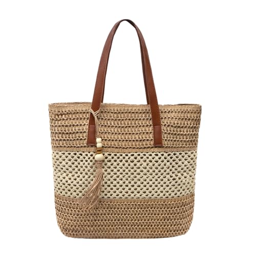 Image of Long Keeper Beach Bags for Women Summer Straw Bag with Zipper Woven Shoulder Handbag Beach Tote Bags for Travel Vacation