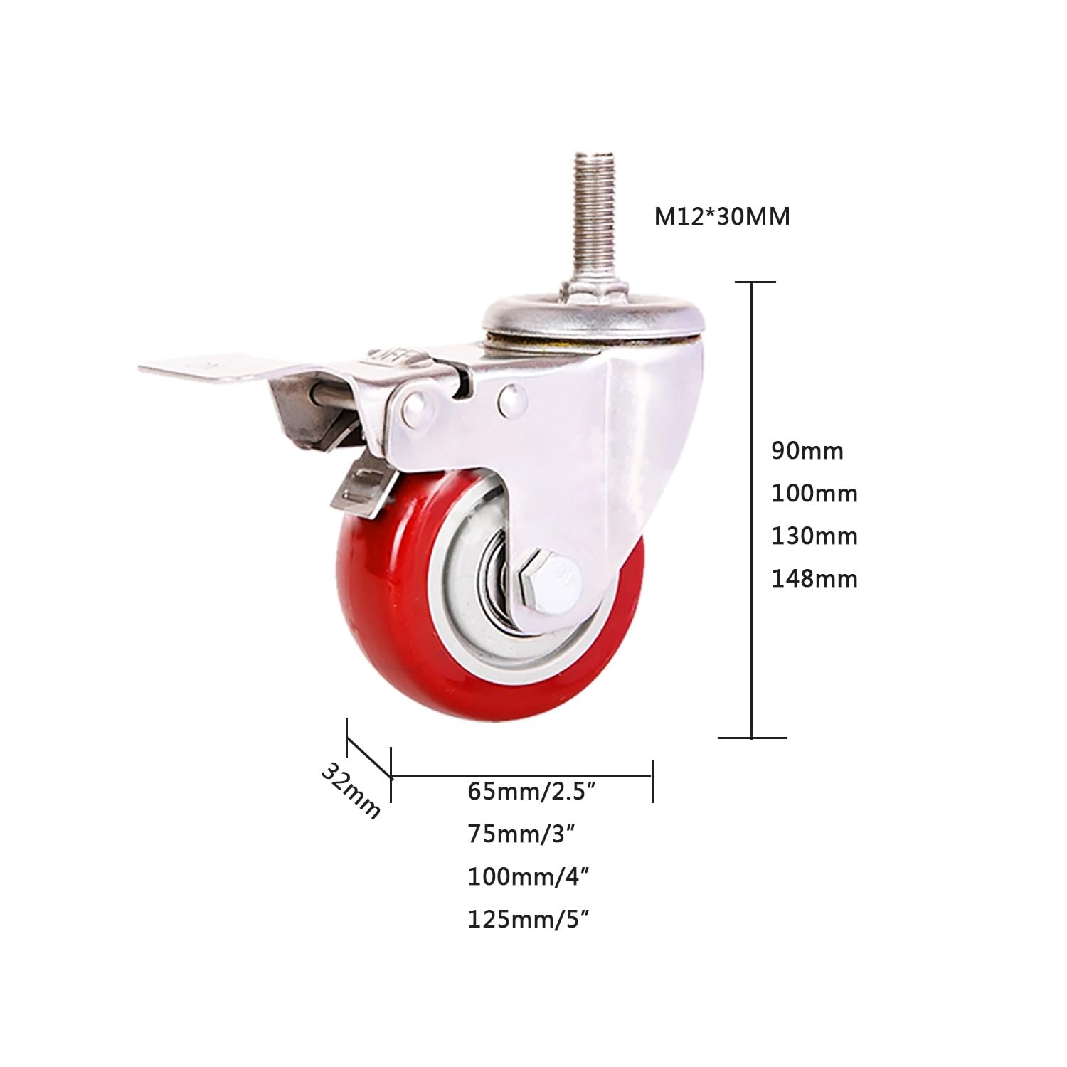2.5/3 Pouce roulettes Pivotantes avec Frein, M12*30mm roulettes Filetées Capacité de Charge 270kg, 4 Roues en PU Silencieuses for Meubles(2swivel+2with Brake,5inch)