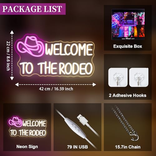 Image of WLHOPE Welcome To The Rodeo Neon Sign Cowboy Hat Led Lights Dimmable Light Signs for Wall Decor 16.5 x 8.6 inches USB Powered Licked Light Signs for Bar Home Club Party Western Bedroom Decoration