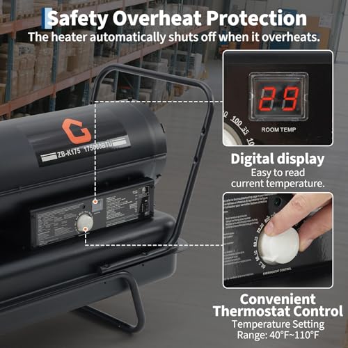 Image of Garvee 125000 BTU Kerosene Forced Air Heater w /Adjustable Thermostat, Wheel