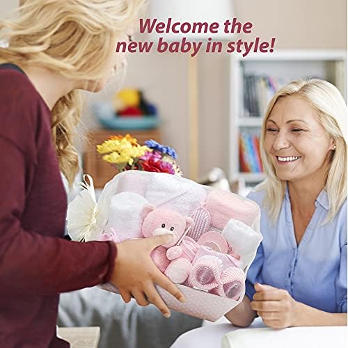 Newborn Baby Girl Keepsake Box - Pink, Hand Packed and Wrapped in Chiffon This Hamper Includes a Cute Teddy Bear, Knitted Booties, Bodysuit, Bib, Hat, Blanket, Hooded Towel and Hanging Plaque