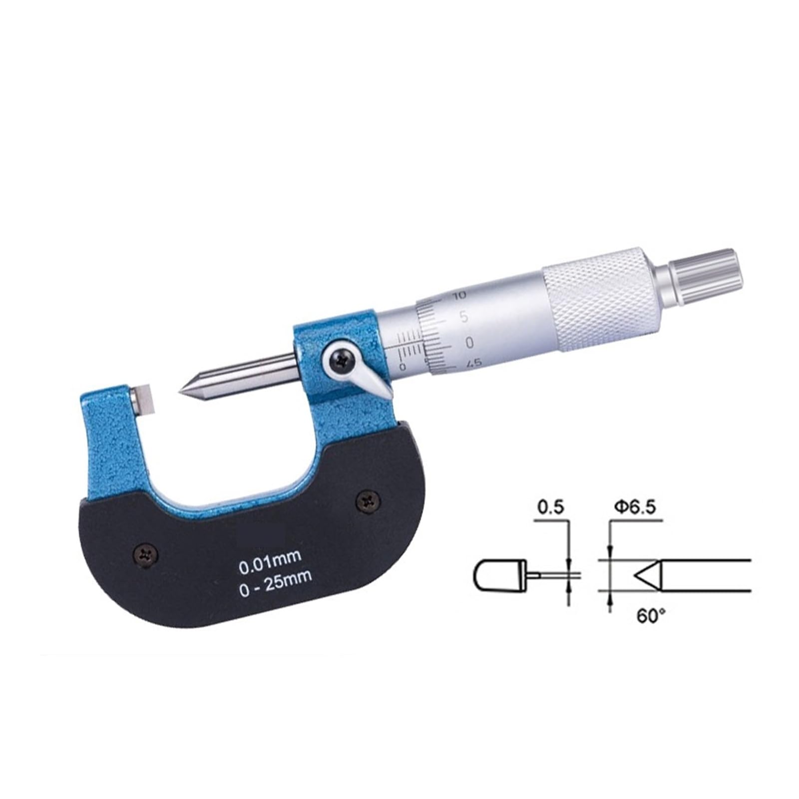 Micrómetro de tornillo mecánico de 0 a 25 mm, calibrador micrométrico, herramienta de medición Mide cualquier cosa(FLAT-POINTED TIP 60°)