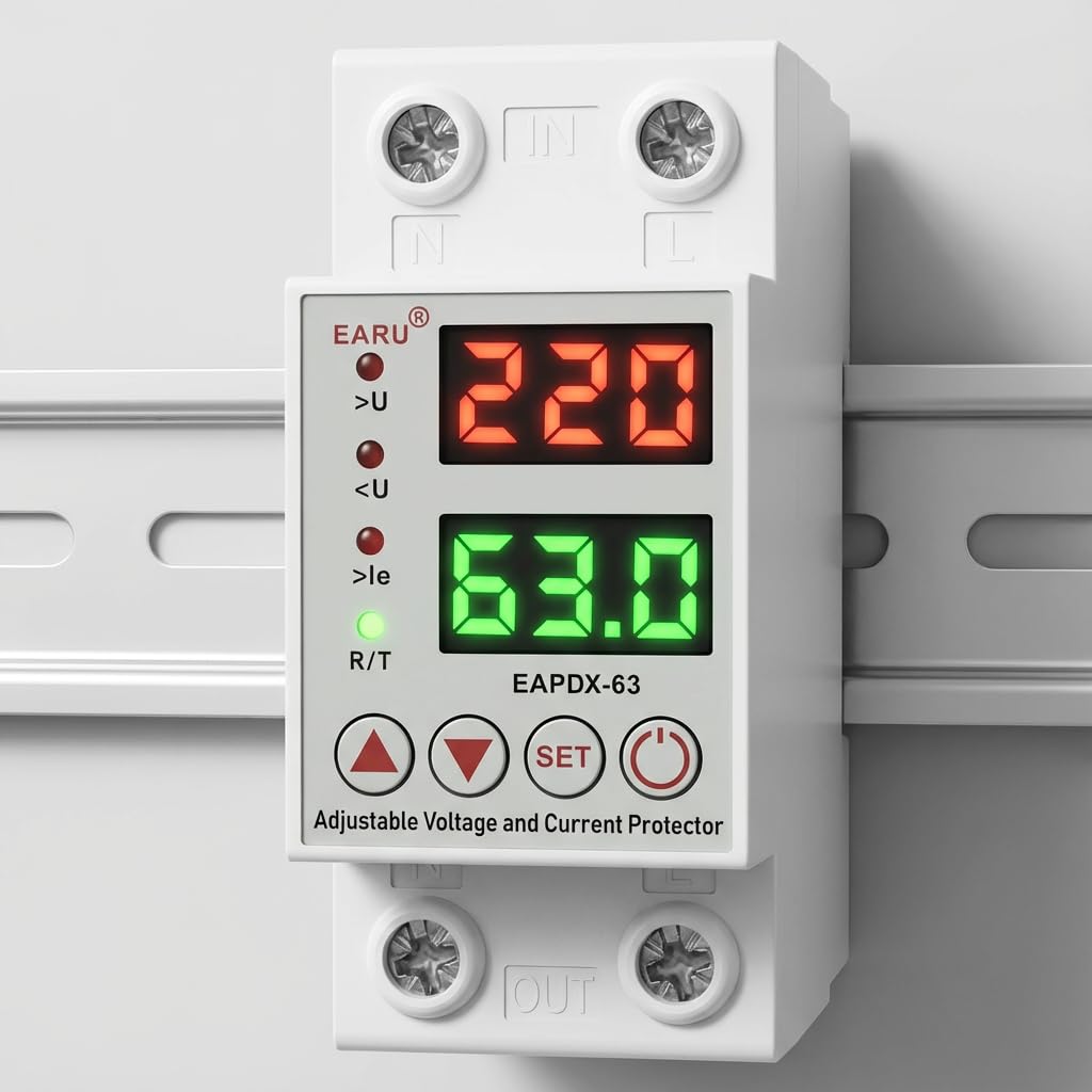 EARU Automatic Voltage Protector with digital display showing voltage i lectures actuals.