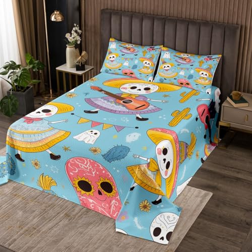 jejeloiu Halloween Bedspread Queen Size Kids Cartoon Ghosts Quilted Coverlet for Boys Girls Teens Cute Cactus Coverlet Set Blue