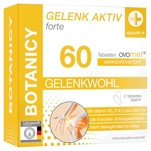 BOTANICY Gelenk Aktiv Forte - 60 Gelenkkapseln - Ovomet® Eierschalenmembran Pulver, Grünlippmuschel Pulver, Vitamine C, D, K plus Zink & L-Prolin - Gelenke, Knochen, Bänder & Sehnen - Laborgeprüft